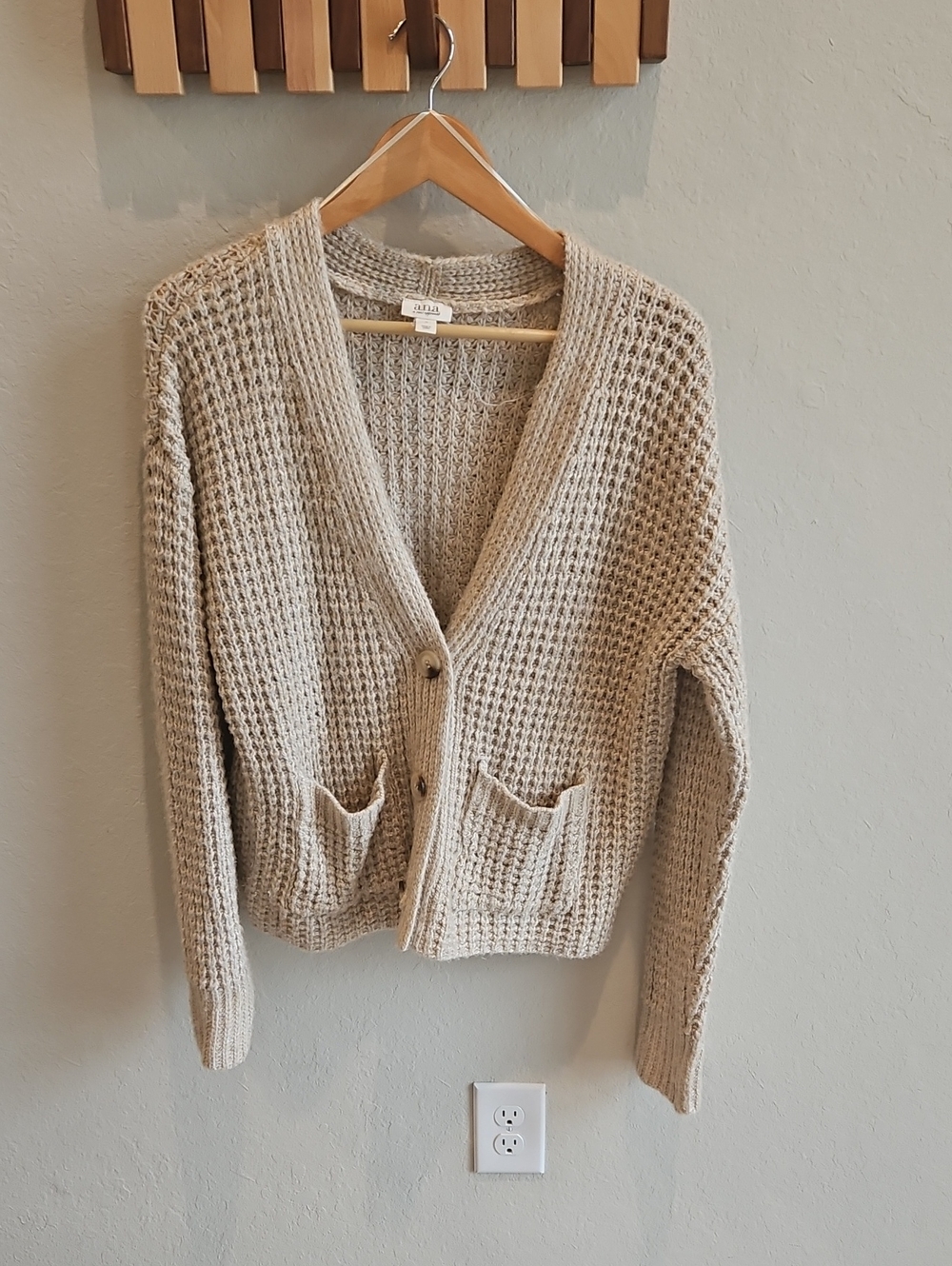 a.n.a Neutral Taupe Waffle-Knit Button Cardigan